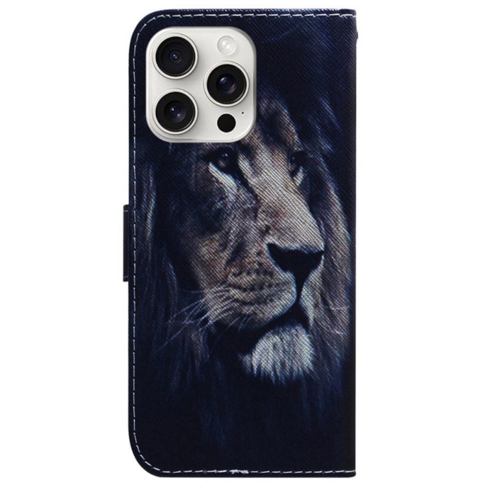 Leren Hoesje Voor iPhone 16 Pro Max Dromende Leeuw