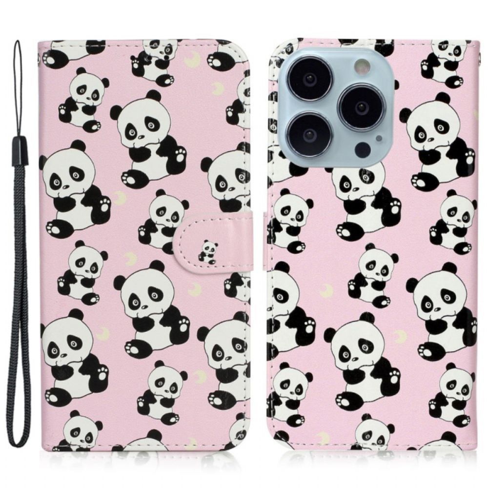 Leren Hoesje Voor iPhone 16 Pro Max Kleine Panda's Met Riem