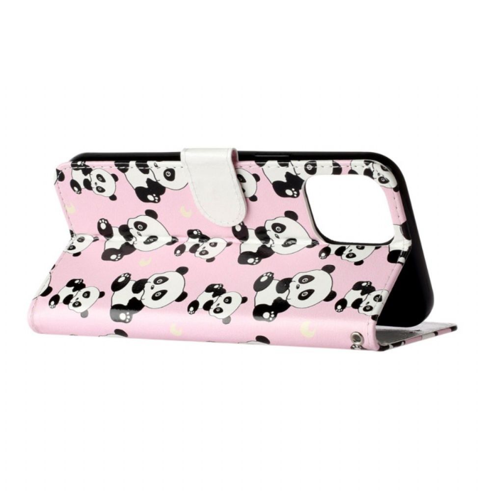 Leren Hoesje Voor iPhone 16 Pro Max Kleine Panda's Met Riem