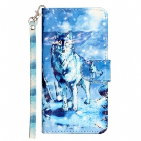 Leren Hoesje Voor iPhone 16 Pro Max Sneeuwwolf Met Riem