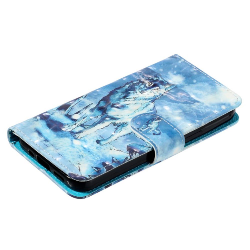 Leren Hoesje Voor iPhone 16 Pro Max Sneeuwwolf Met Riem