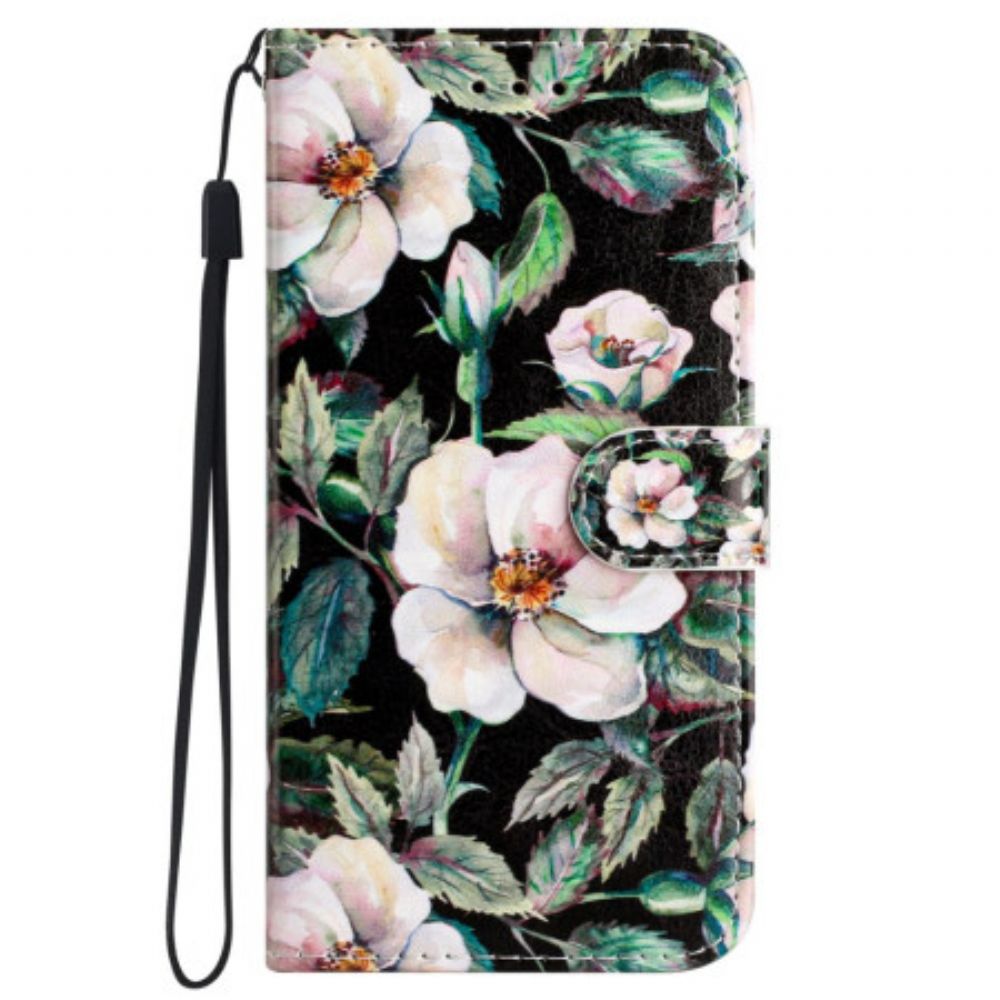 Leren Hoesje Voor iPhone 16 Pro Max Witte Magnolia's Met Riem