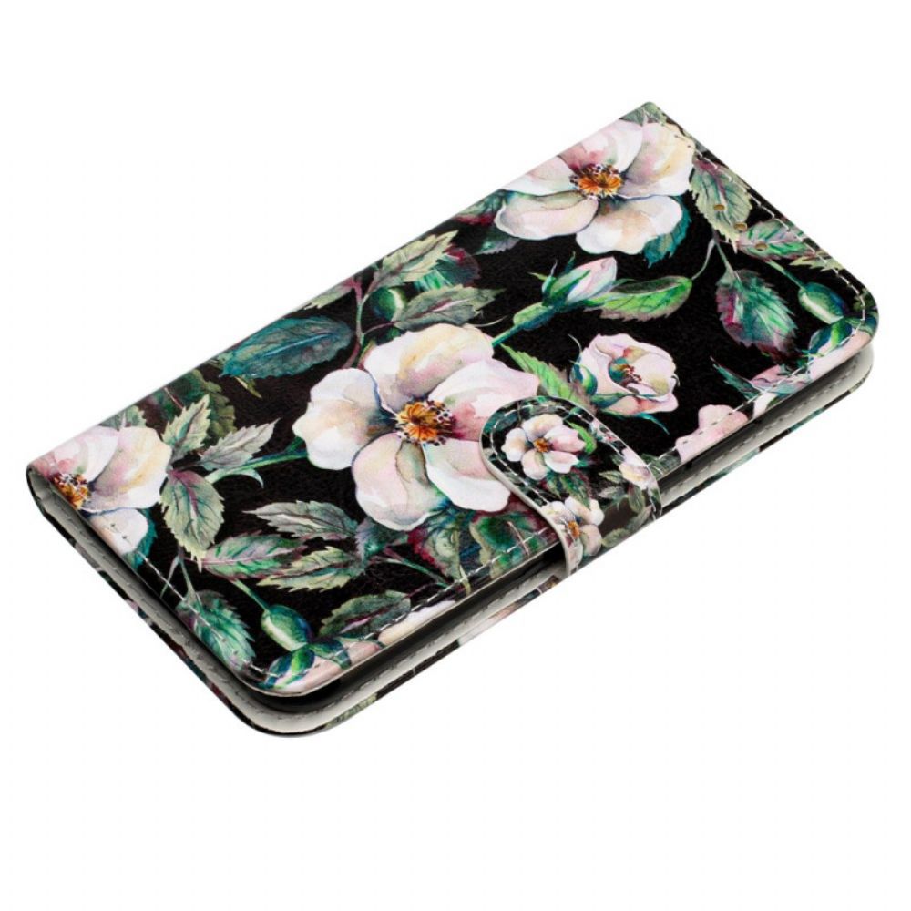 Leren Hoesje Voor iPhone 16 Pro Max Witte Magnolia's Met Riem