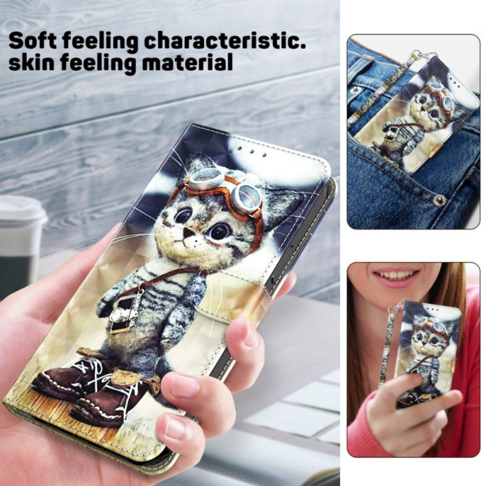 Flip Case Leren Samsung Galaxy A16 5g Vliegenier Kat Met Riem