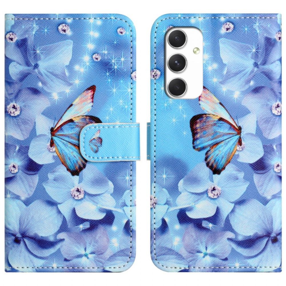 Leren Hoesje Samsung Galaxy A16 5g Blauwe Bloemen En Vlinders