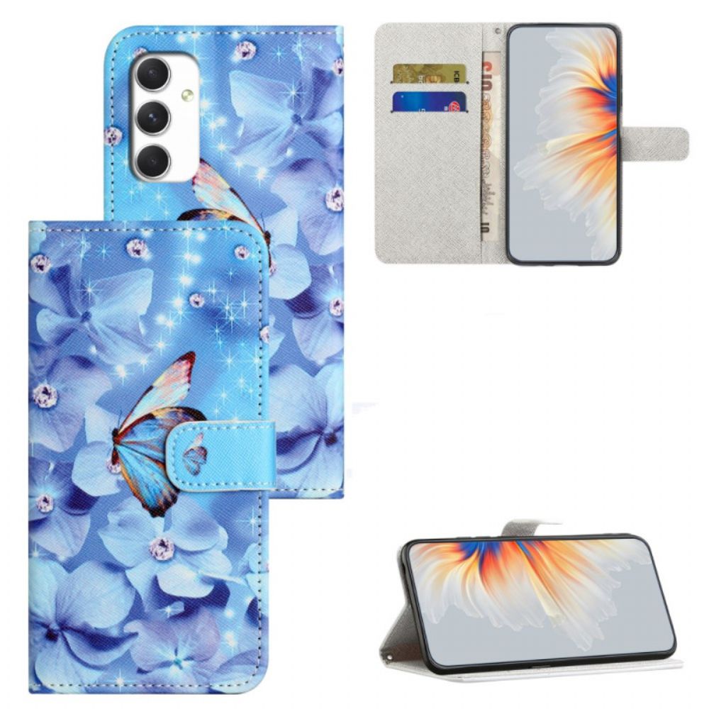 Leren Hoesje Samsung Galaxy A16 5g Blauwe Bloemen En Vlinders