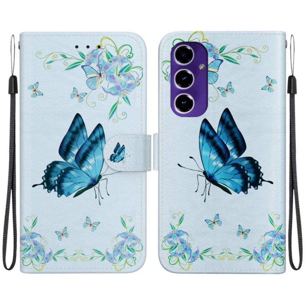 Leren Hoesje Samsung Galaxy A16 5g Blauwe Vlinder En Bloemen Bescherming Hoesje