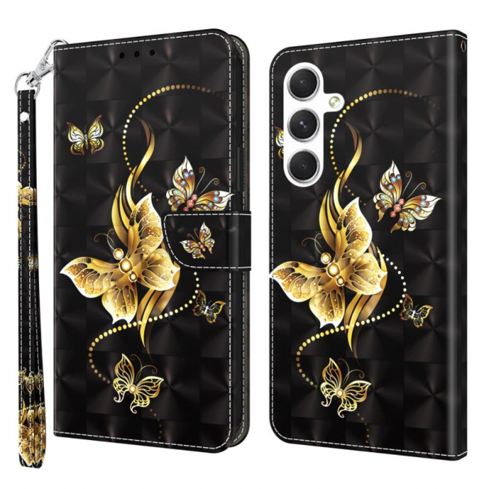 Leren Hoesje Samsung Galaxy A16 5g Gouden Vlinders Met Riem Bescherming Hoesje