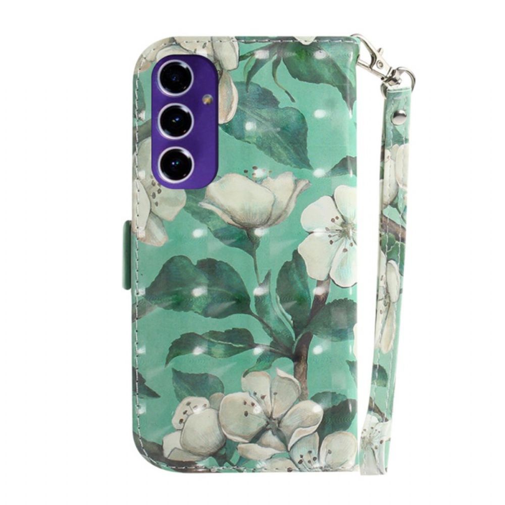 Leren Hoesje Voor Samsung Galaxy A16 5g Witte Bloemen Met Riem