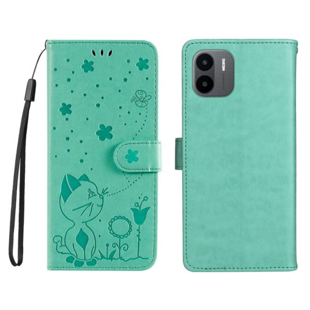 Leren Hoesje voor Xiaomi Redmi A1 Met Ketting Kat En Bij Met Lanyard