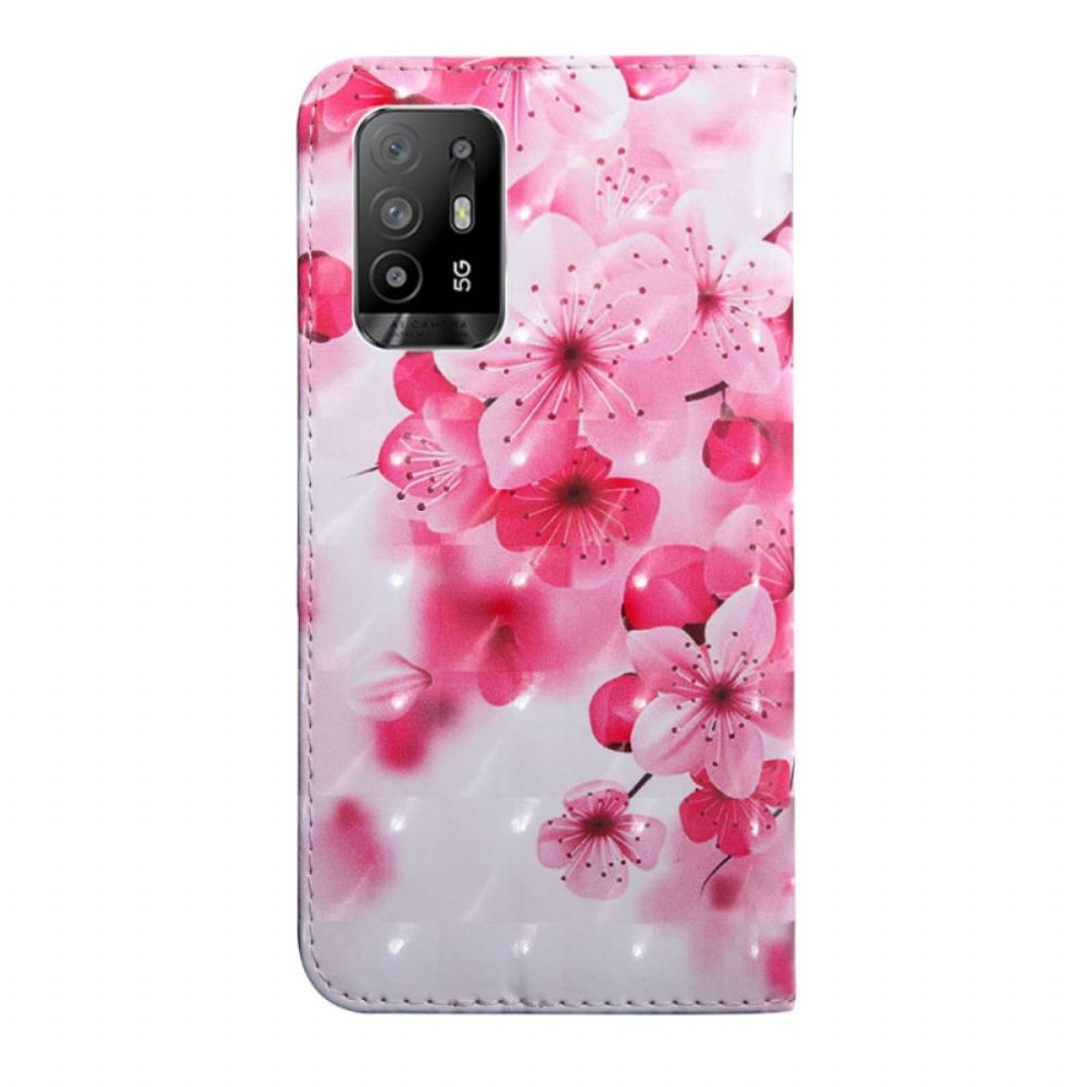 Flip Case voor Oppo A94 5G Roze Bloemen Met Koord