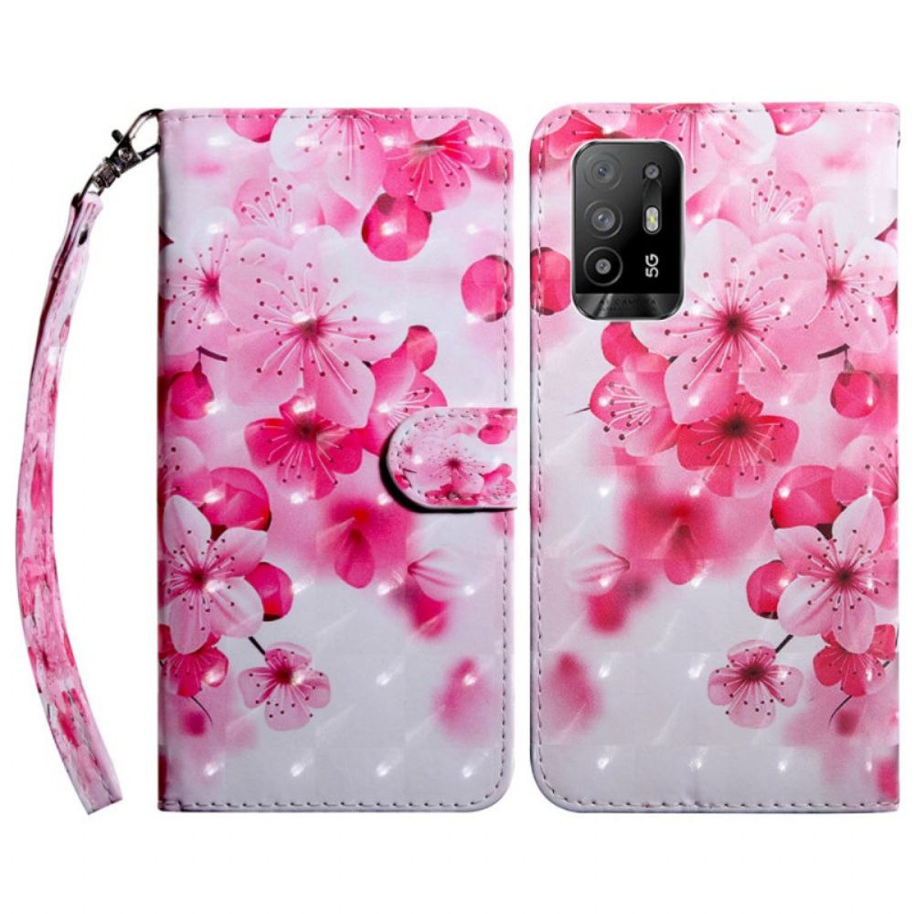 Flip Case voor Oppo A94 5G Roze Bloemen Met Koord