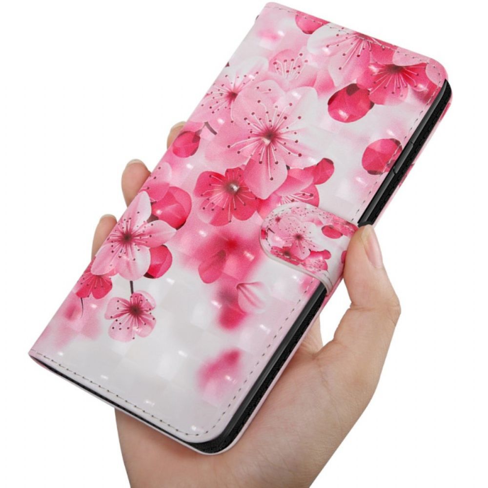 Flip Case voor Oppo A94 5G Roze Bloemen Met Koord