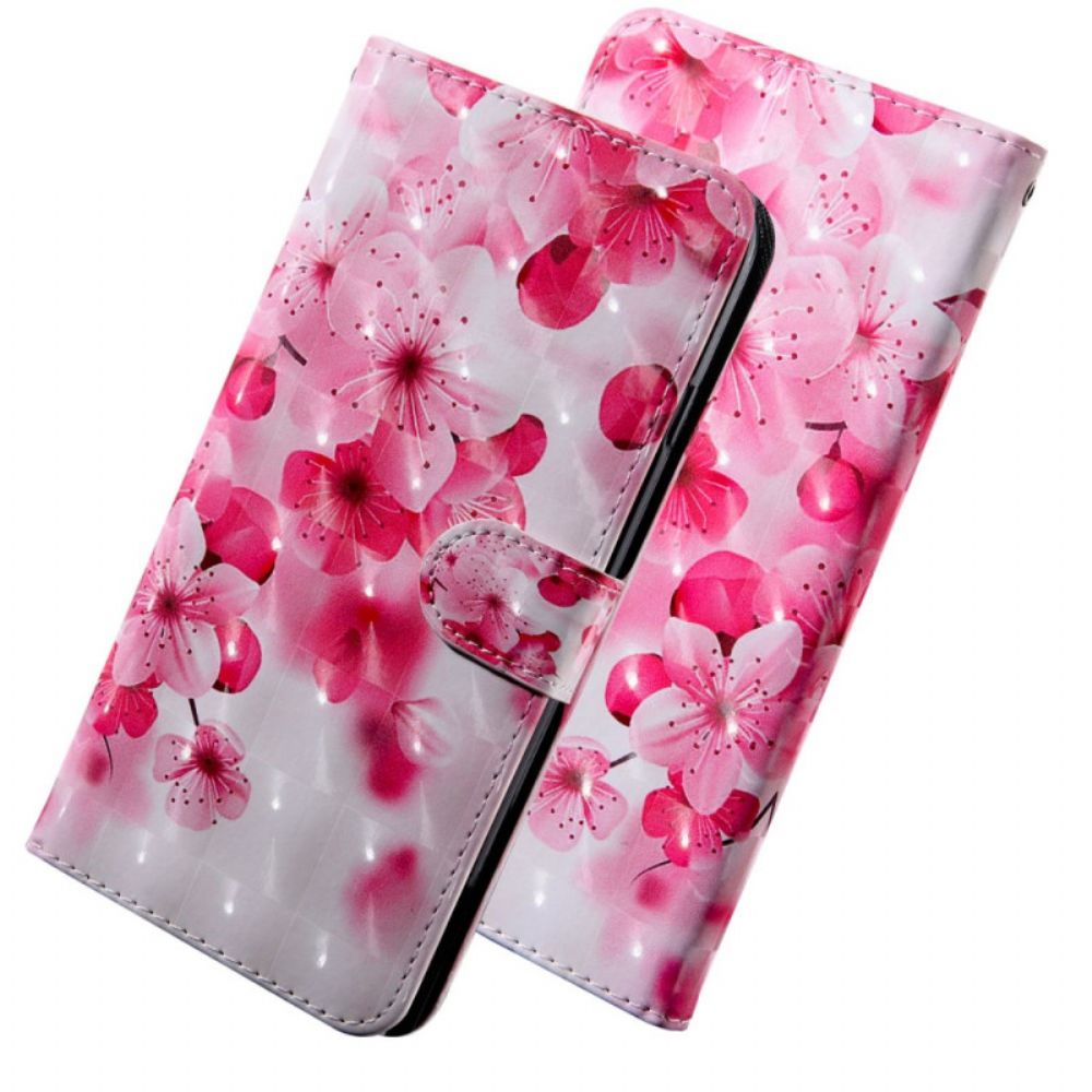 Flip Case voor Oppo A94 5G Roze Bloemen Met Koord