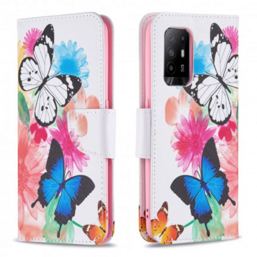 Folio-hoesje voor Oppo A94 5G Geschilderde Vlinders En Bloemen