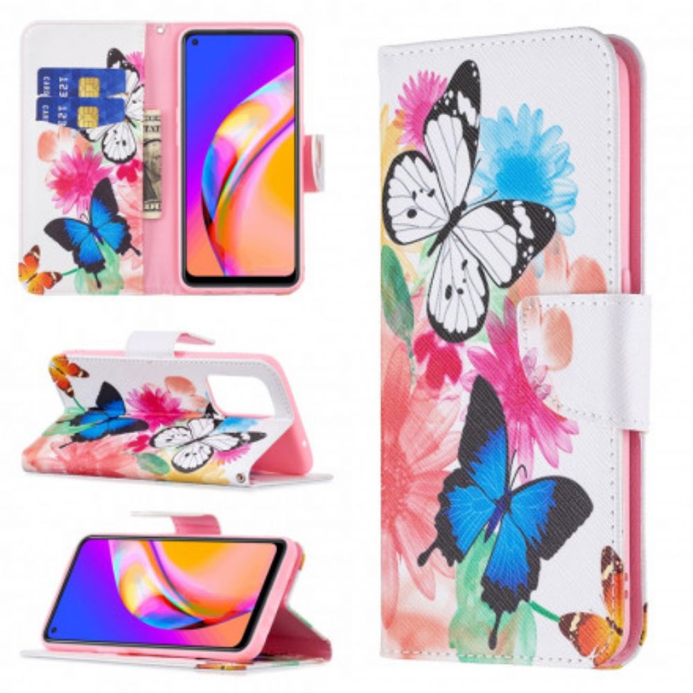 Folio-hoesje voor Oppo A94 5G Geschilderde Vlinders En Bloemen