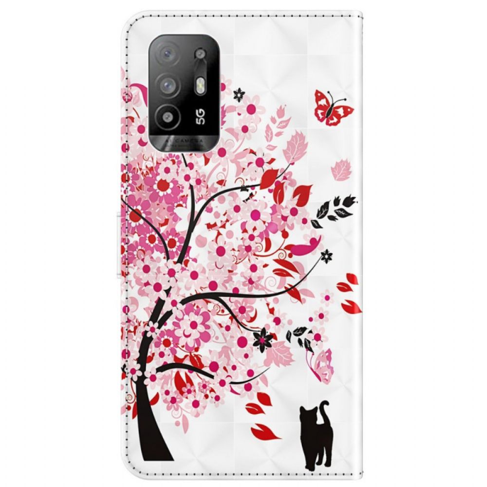 Folio-hoesje voor Oppo A94 5G Roze Boom Met Koord