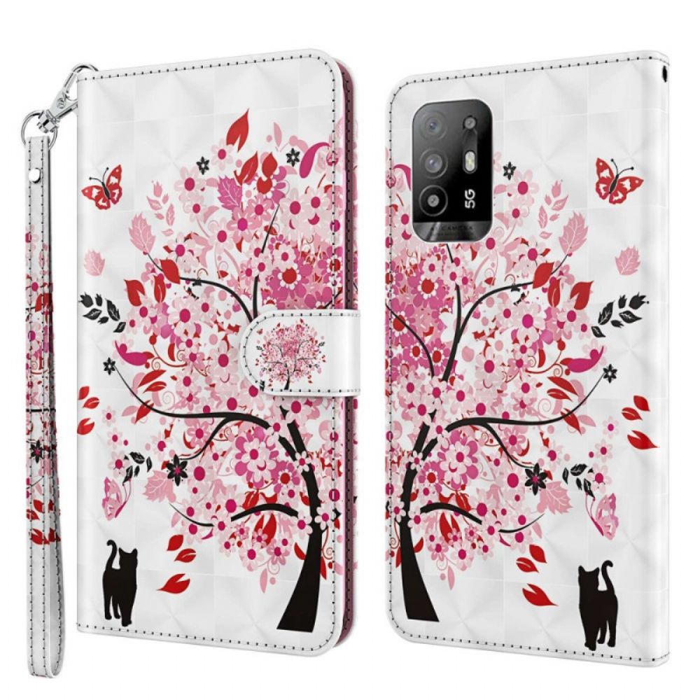 Folio-hoesje voor Oppo A94 5G Roze Boom Met Koord