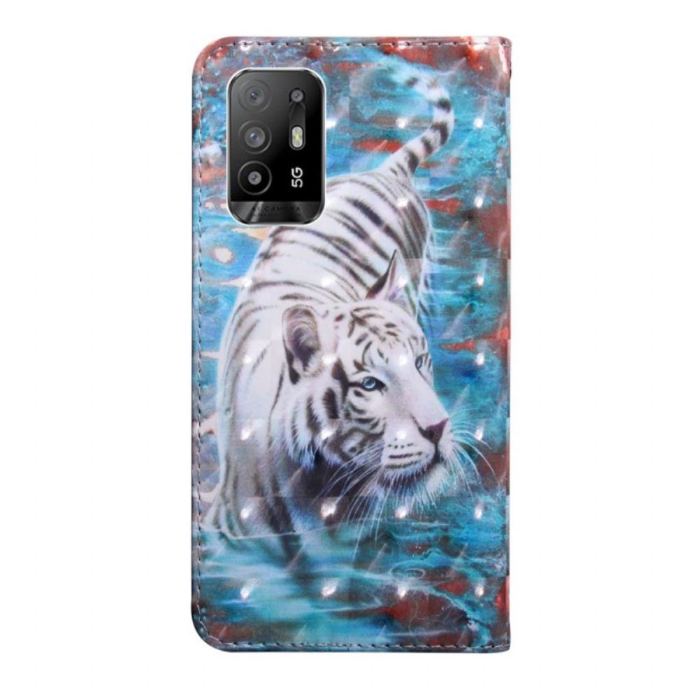 Folio-hoesje voor Oppo A94 5G Tijger Imitatieleer Met Riem