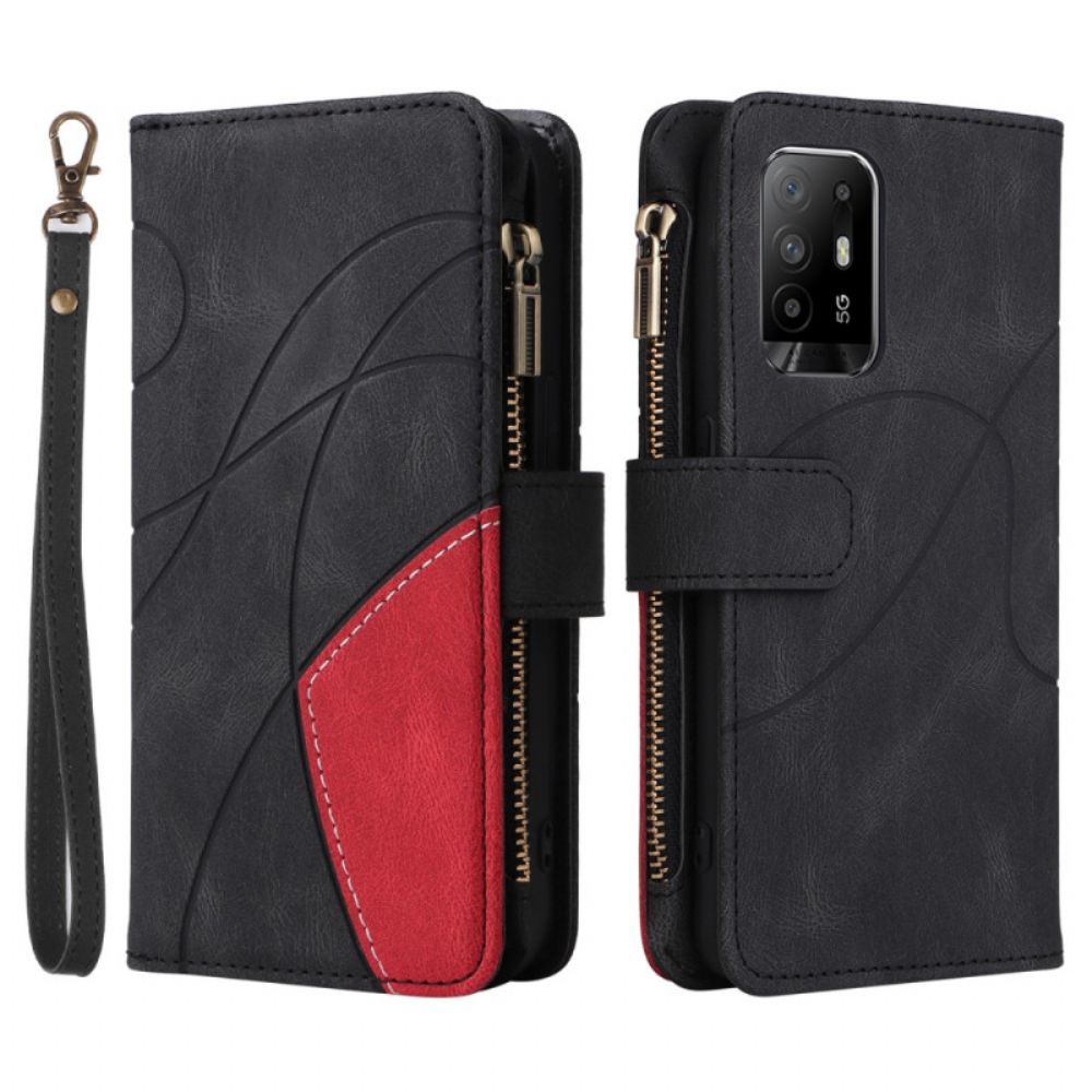 Folio-hoesje voor Oppo A94 5G Tweekleurige Portemonnee Met Lanyard