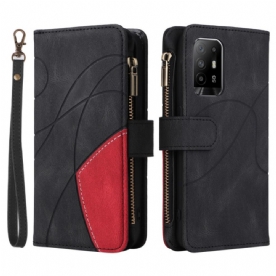 Folio-hoesje voor Oppo A94 5G Tweekleurige Portemonnee Met Lanyard