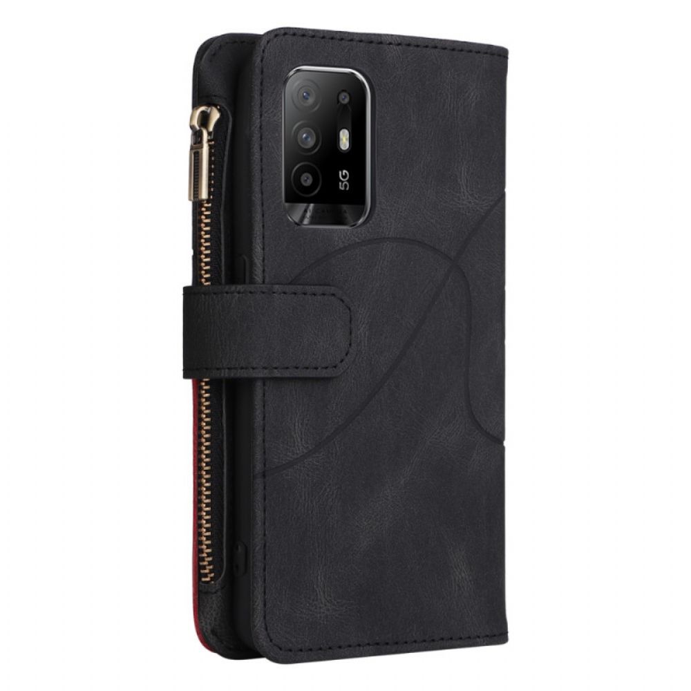 Folio-hoesje voor Oppo A94 5G Tweekleurige Portemonnee Met Lanyard