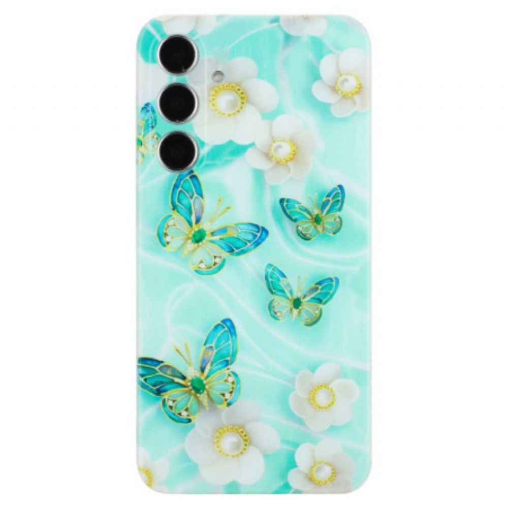 Cover Hoesje Samsung Galaxy S24 Fe Telefoonhoesje Witte Bloemen En Groene Vlinders