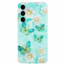 Cover Hoesje Samsung Galaxy S24 Fe Telefoonhoesje Witte Bloemen En Groene Vlinders