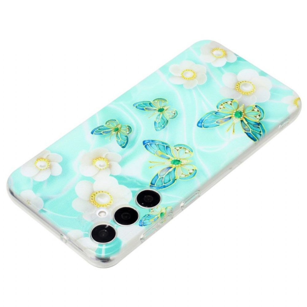 Cover Hoesje Samsung Galaxy S24 Fe Telefoonhoesje Witte Bloemen En Groene Vlinders