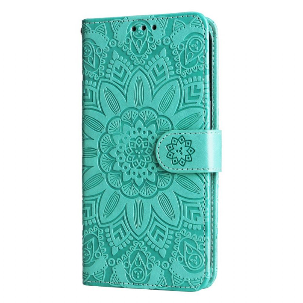 Flip Case Leren Samsung Galaxy S24 Fe Zonnebloempatroon Met Riempje