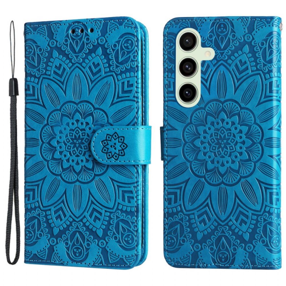 Flip Case Leren Samsung Galaxy S24 Fe Zonnebloempatroon Met Riempje