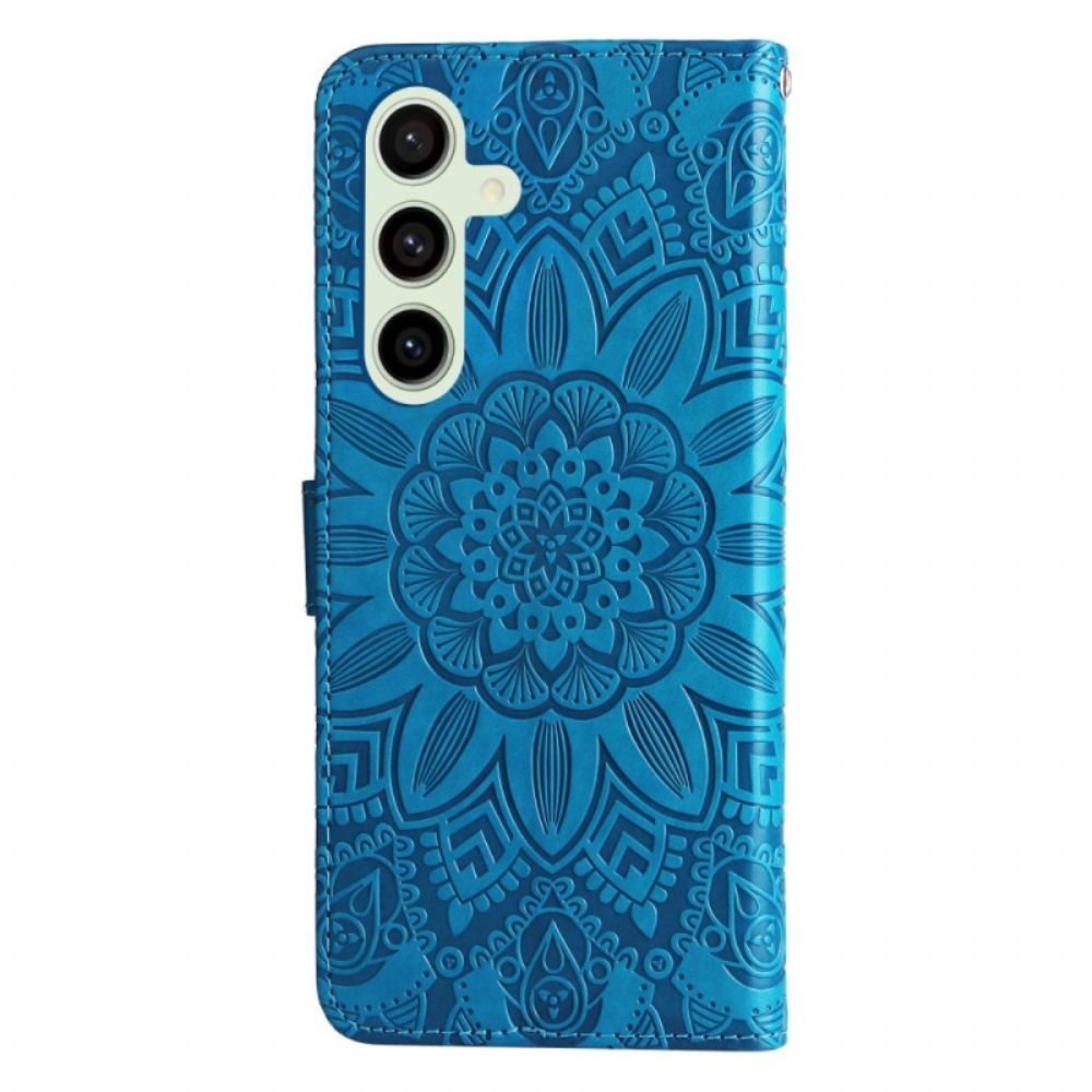 Flip Case Leren Samsung Galaxy S24 Fe Zonnebloempatroon Met Riempje