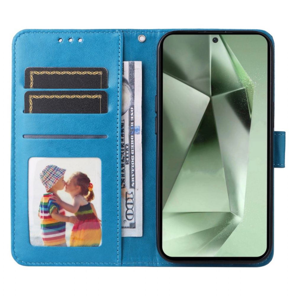 Flip Case Leren Samsung Galaxy S24 Fe Zonnebloempatroon Met Riempje