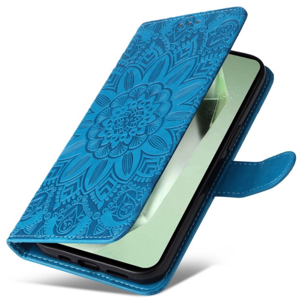 Flip Case Leren Samsung Galaxy S24 Fe Zonnebloempatroon Met Riempje