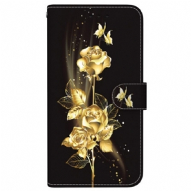 Folio-hoesje Samsung Galaxy S24 Fe Gouden En Roze Vlinders Met Riem