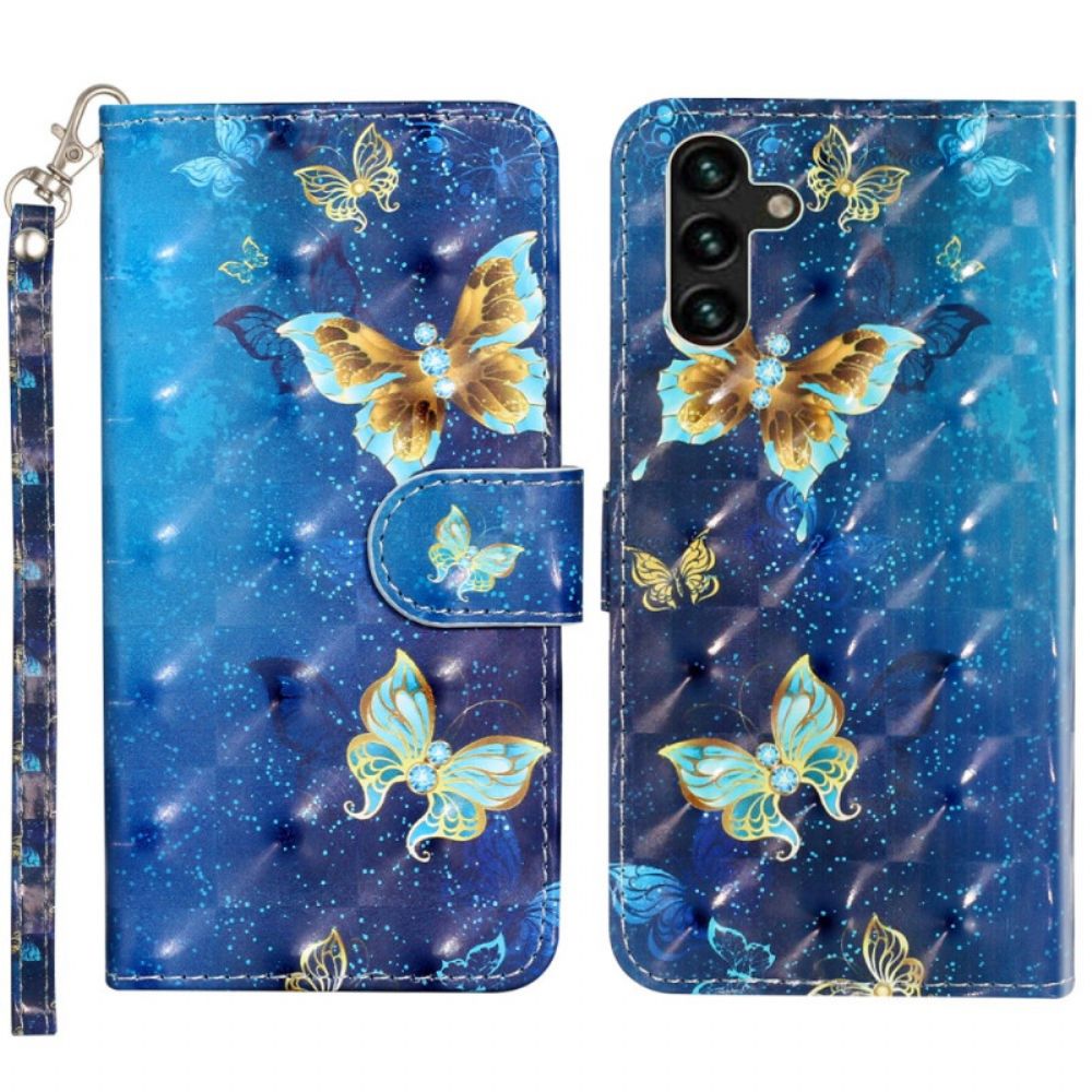 Folio-hoesje Samsung Galaxy S24 Fe Telefoonhoesje Blauwe En Gouden Vlinders Met Riem