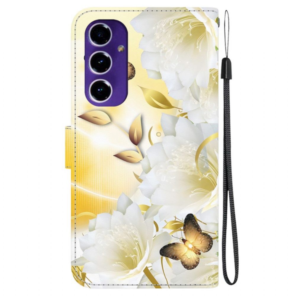 Folio-hoesje Samsung Galaxy S24 Fe Telefoonhoesje Gouden Vlinders En Witte Bloemen