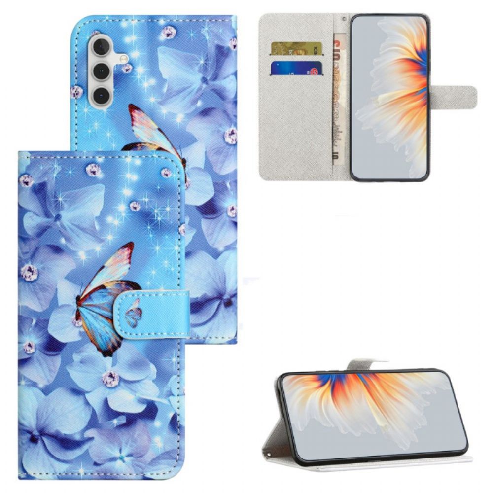 Leren Hoesje Samsung Galaxy S24 Fe Blauwe Bloemen En Vlinders Met Riempje