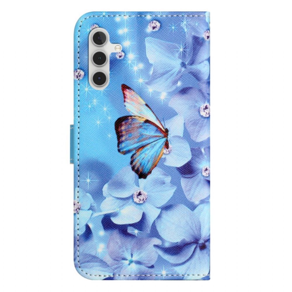 Leren Hoesje Samsung Galaxy S24 Fe Blauwe Bloemen En Vlinders Met Riempje