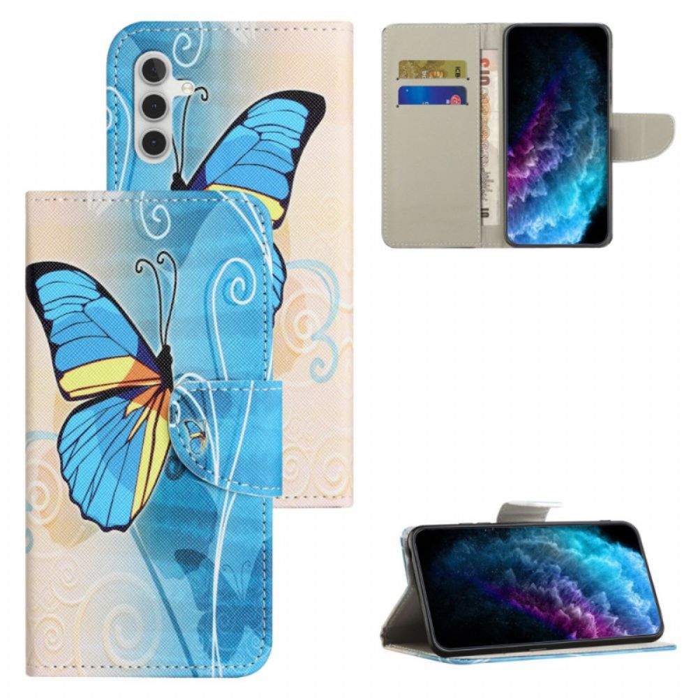 Leren Hoesje Samsung Galaxy S24 Fe Gele En Blauwe Vlinder Bescherming Hoesje