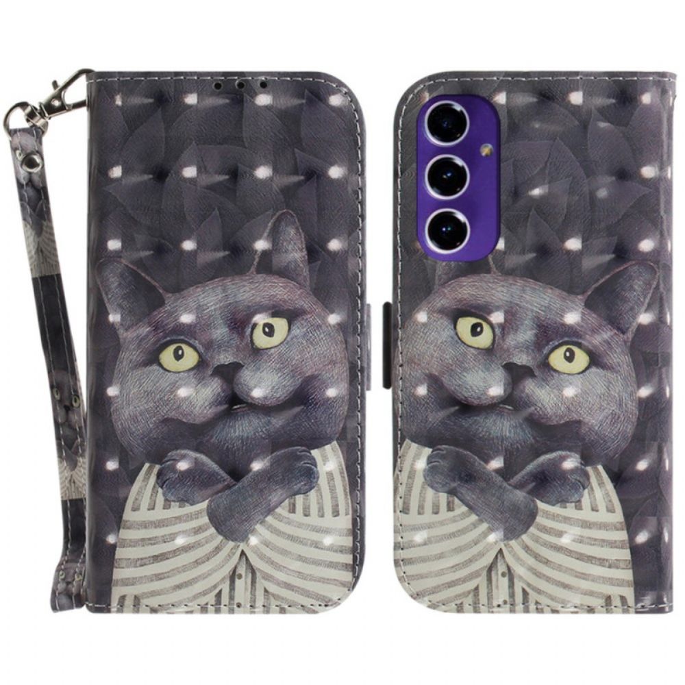 Leren Hoesje Samsung Galaxy S24 Fe Grijze Kat Met Riem Bescherming Hoesje