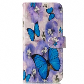 Leren Hoesje Samsung Galaxy S24 Fe Paarse Bloemen En Blauwe Vlinders