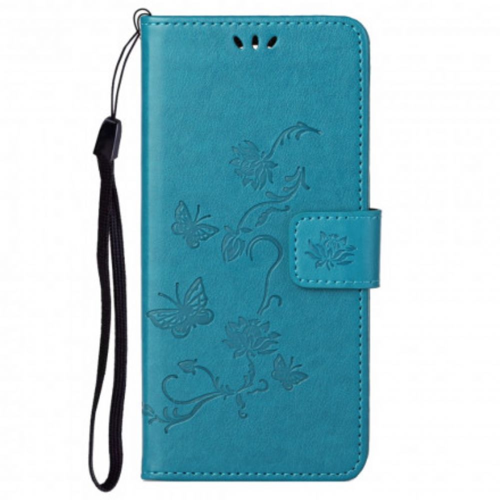 Leren Hoesje voor Motorola Edge 20 Pro Met Ketting Thong Vlinders En Bloemen