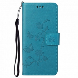 Leren Hoesje voor Motorola Edge 20 Pro Met Ketting Thong Vlinders En Bloemen