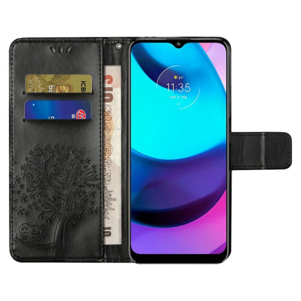 Leren Hoesje voor Moto G71 5G Met Ketting Boom En Uilen Met Bandjes