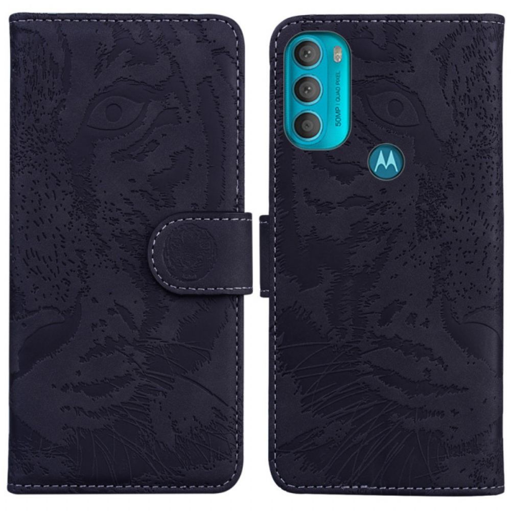 Leren Hoesje voor Moto G71 5G Tijgergezicht Afdrukken