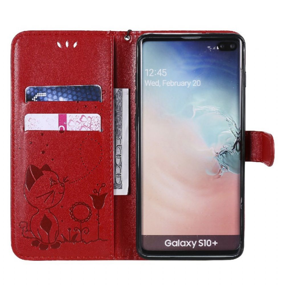 Folio-hoesje voor Samsung Galaxy S10 Plus Met Ketting Kat En Bij Met Riem