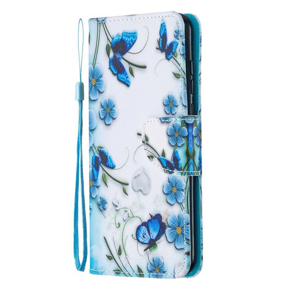 Folio-hoesje voor Huawei P Smart S Met Ketting Blauwe Band Vlinders En Bloemen