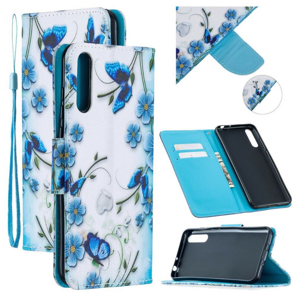 Folio-hoesje voor Huawei P Smart S Met Ketting Blauwe Band Vlinders En Bloemen