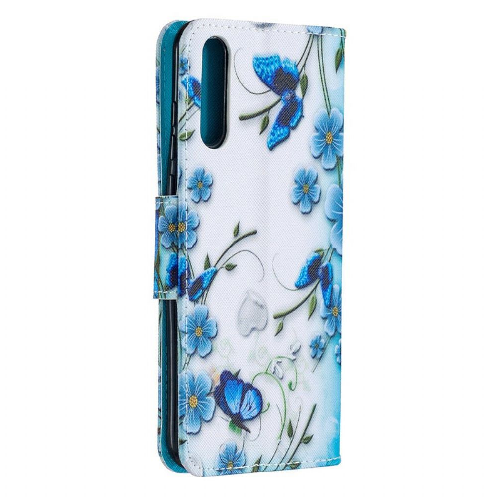 Folio-hoesje voor Huawei P Smart S Met Ketting Blauwe Band Vlinders En Bloemen